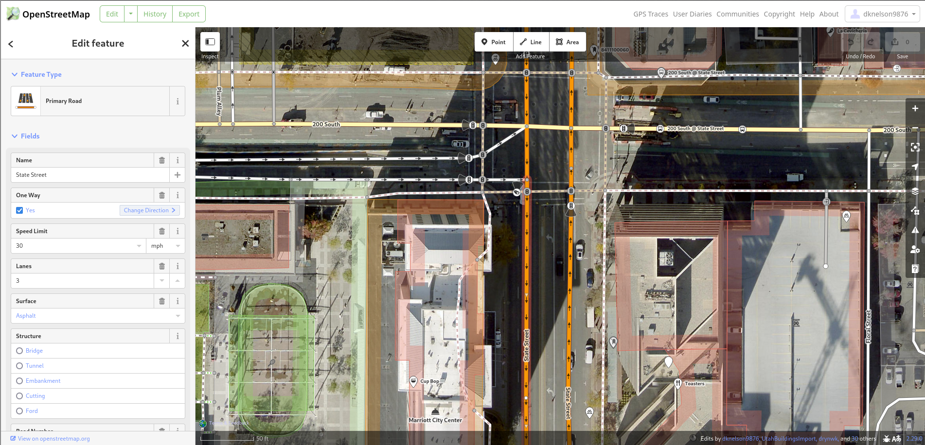 Screenshot of the iD editor built into openstreetmap.org, looking specifically at the intersection of State Street and 200 South in Salt Lake City, with State St selected