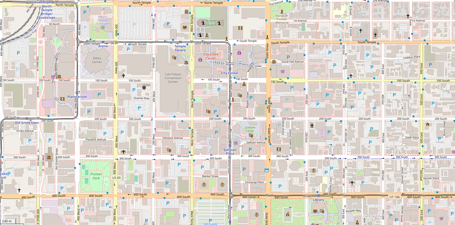 Salt Lake City on openstreetmap.org in the default (carto) style. One of the highlights of this style is using different colors for roads of different priority