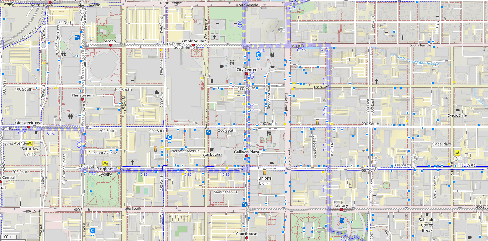 Salt Lake City on openstreetmap.org in the Cycle Map style. Different kinds of cycle routes, such as separate paths, or paths next to car lanes, are highlight in different shades of blue.